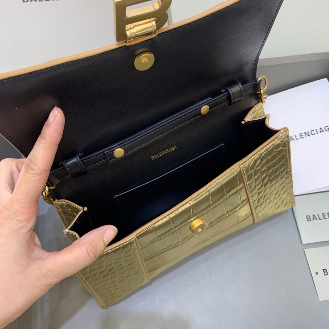 Balenciaga Big Hourglass Wallet With Chain Crocodile Embossed Shoulder Bag Gold